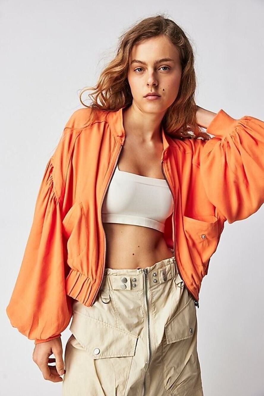 Free People On Point Women's Bomber Jacket With Balloon Sleeves Orange Size XS